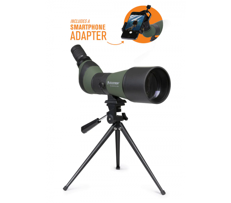 Cannocchiale Celestron LandScout 80mm – Angolato 45°, Zoom 20-60x, Ottica Multistrato, Con Treppiede Da Tavolo E Adattatore Per Smartphone